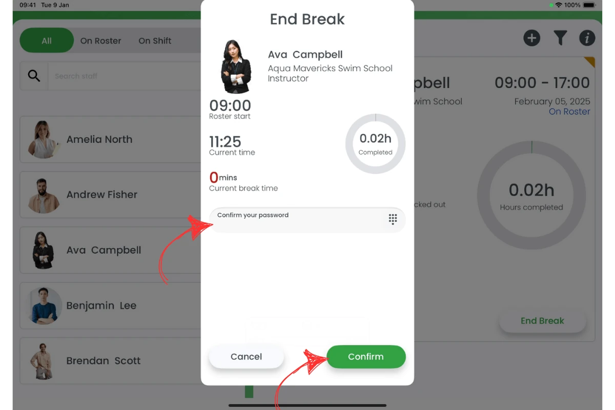 Modal to confirm ending a break by entering password