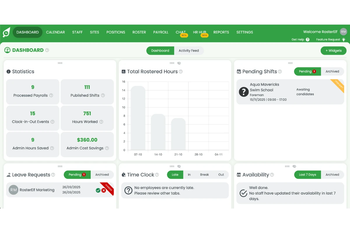 RosterElf dashboard home screen