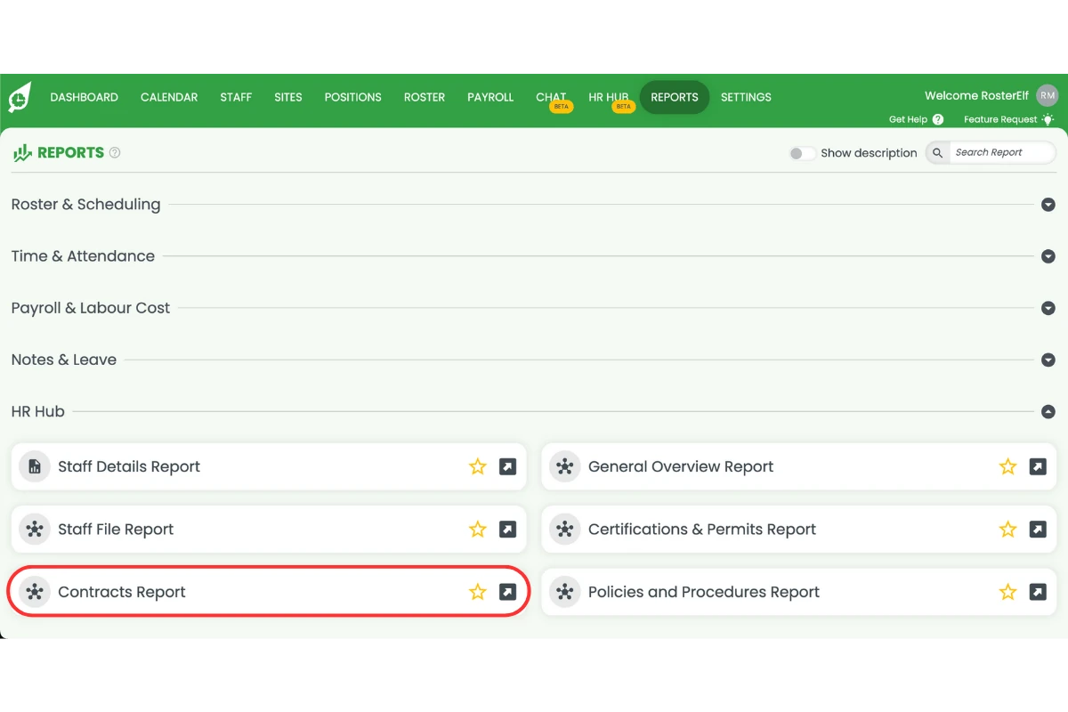 Contracts report selected from HR Hub reports