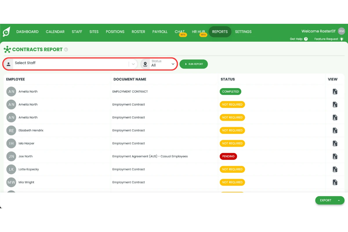 Filter options for the contracts report