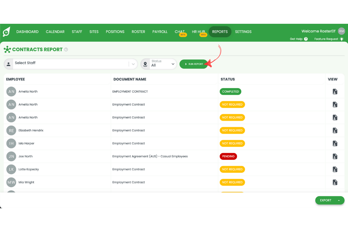 Run report button to generate contracts report