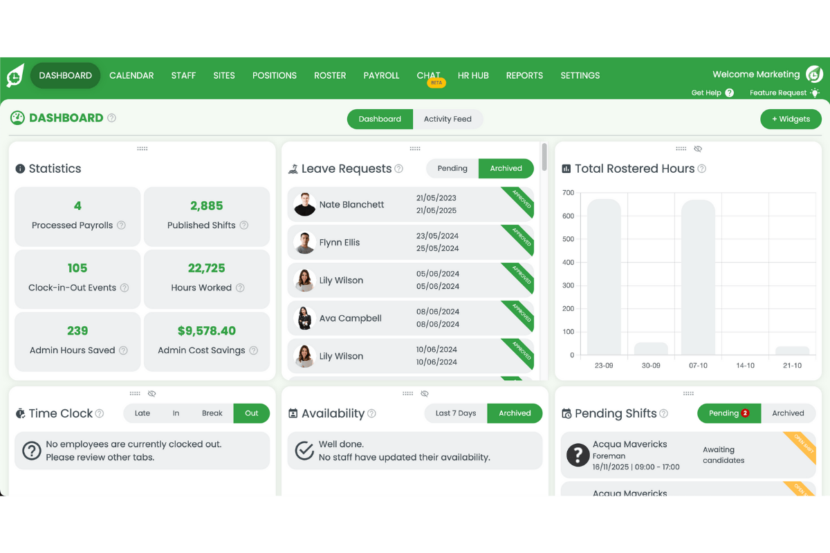 RosterElf dashboard home screen