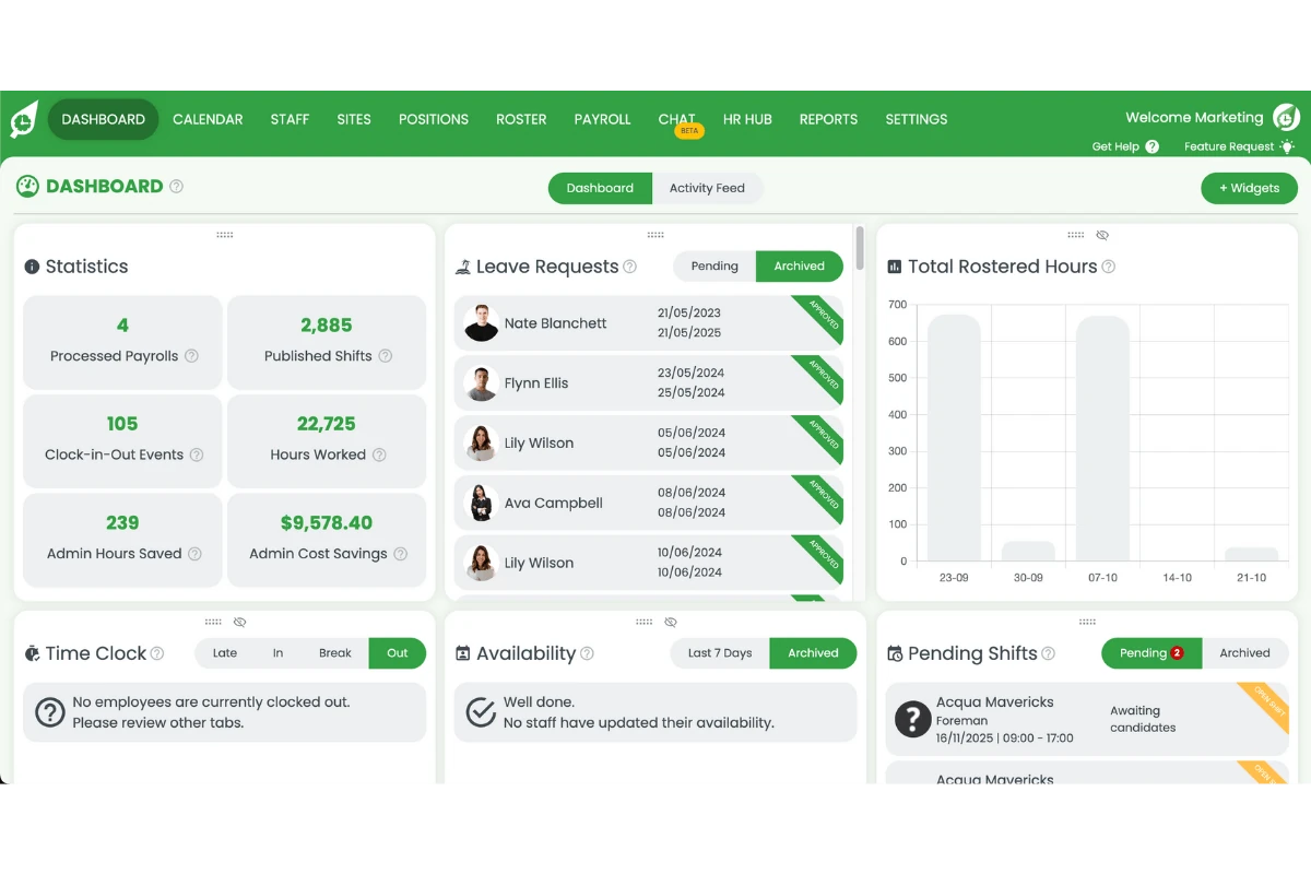 RosterElf dashboard home screen