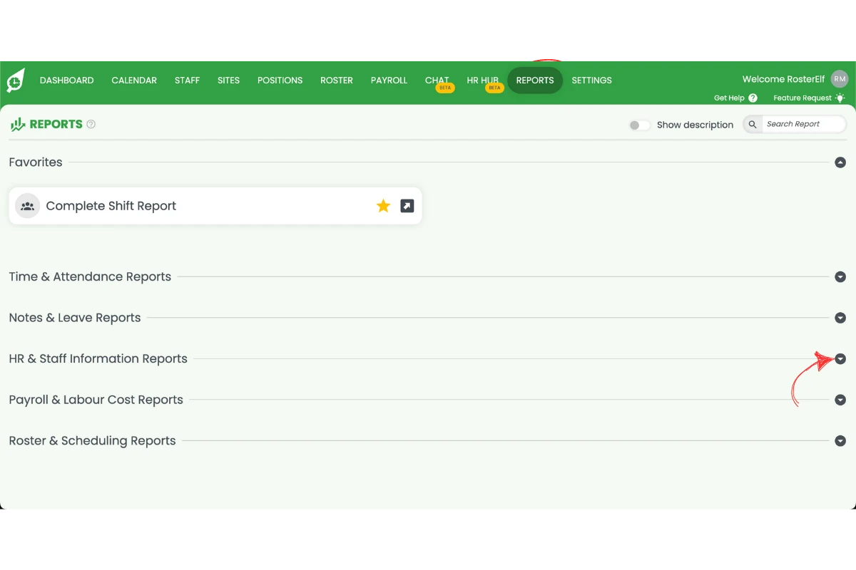 HR & Staff Information Reports section in the reports list