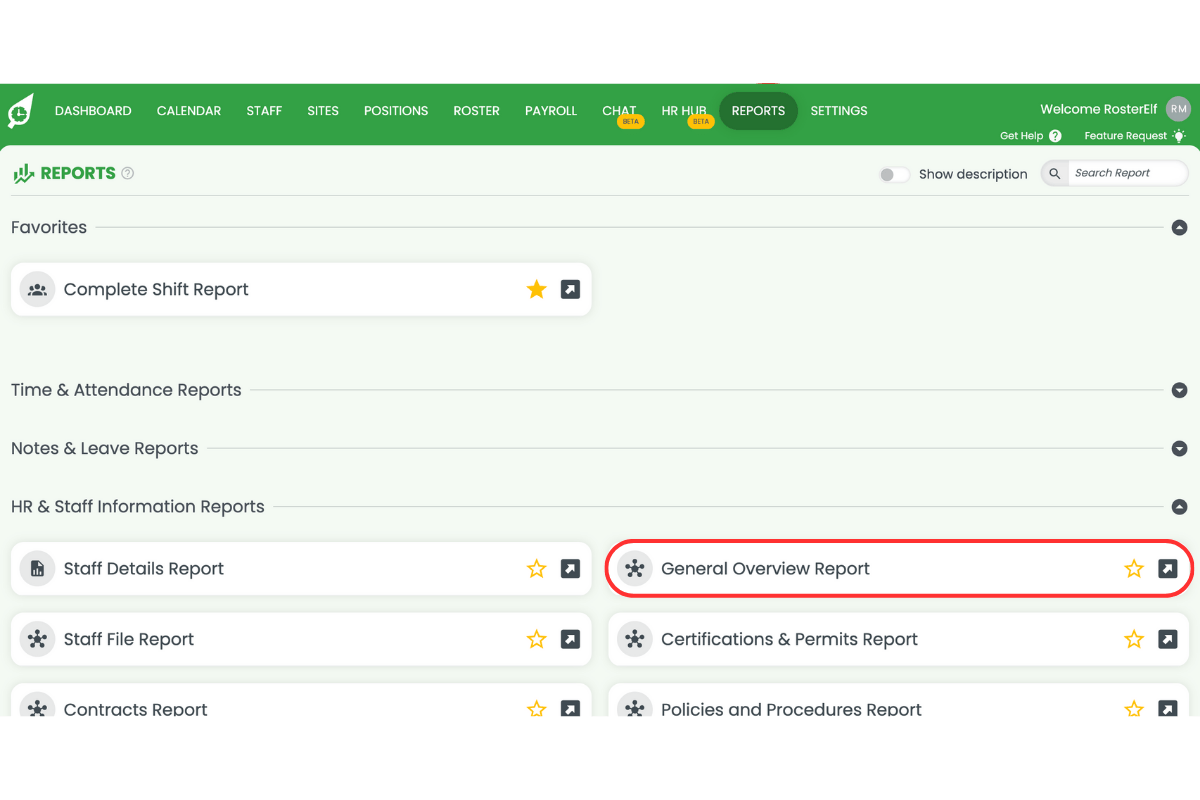 General Overview Report selected from HR & Staff Information Reports
