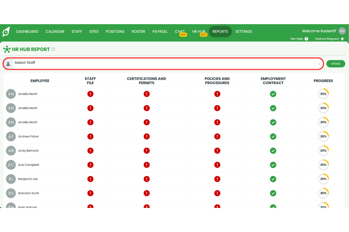 Staff member selection dropdown in the General Overview Report