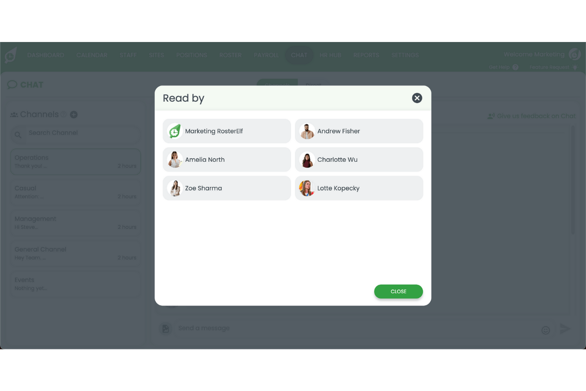 Read receipt showing staff who viewed message
