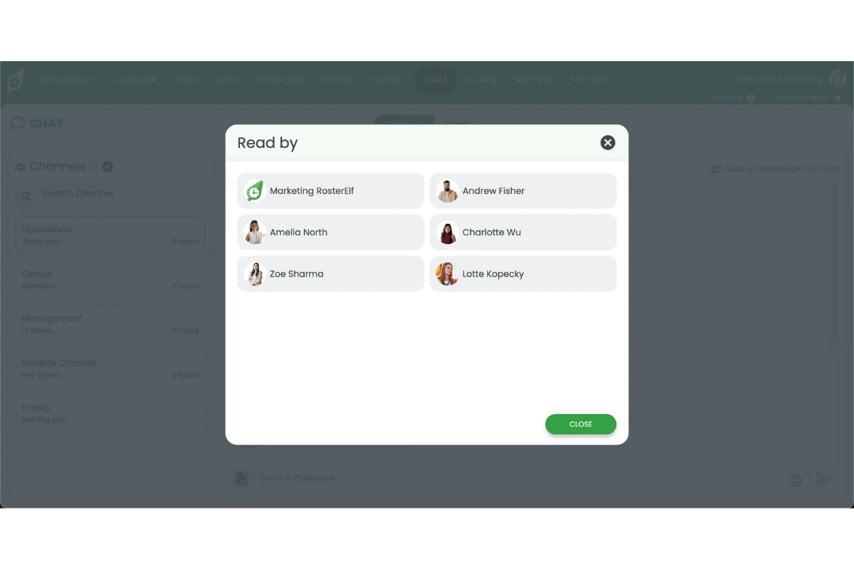 Read receipt showing staff who viewed message