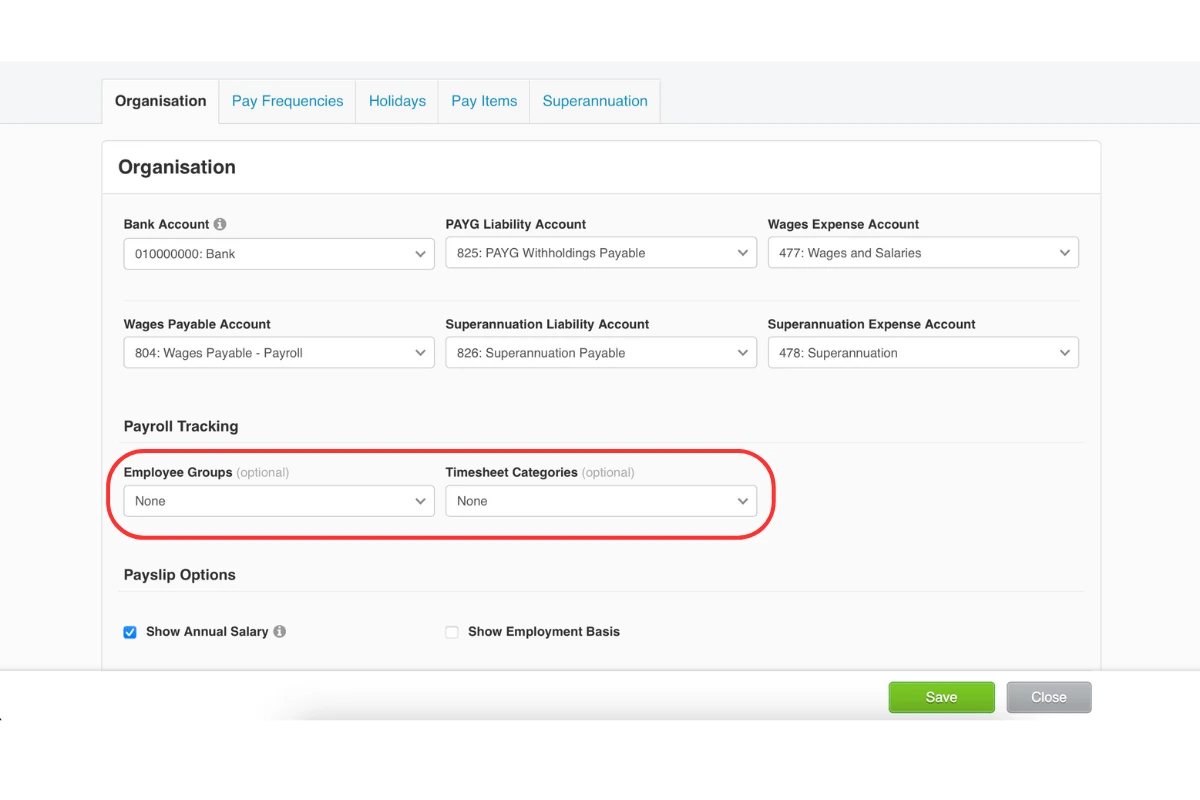 Xero Payroll Tracking Settings with Employee Groups and Timesheet Categories set to None