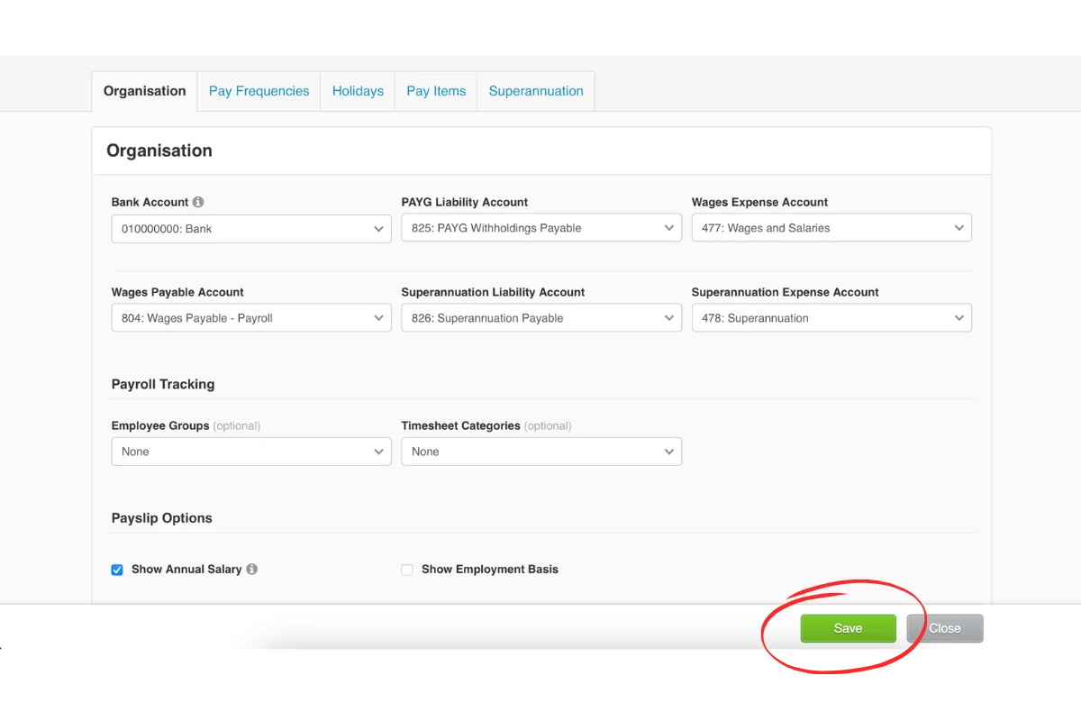 Xero payroll settings save button