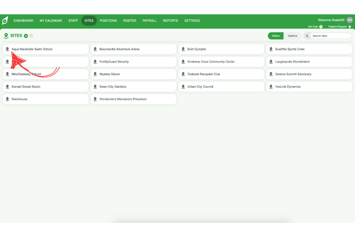Screenshot indicating selection of a particular site
