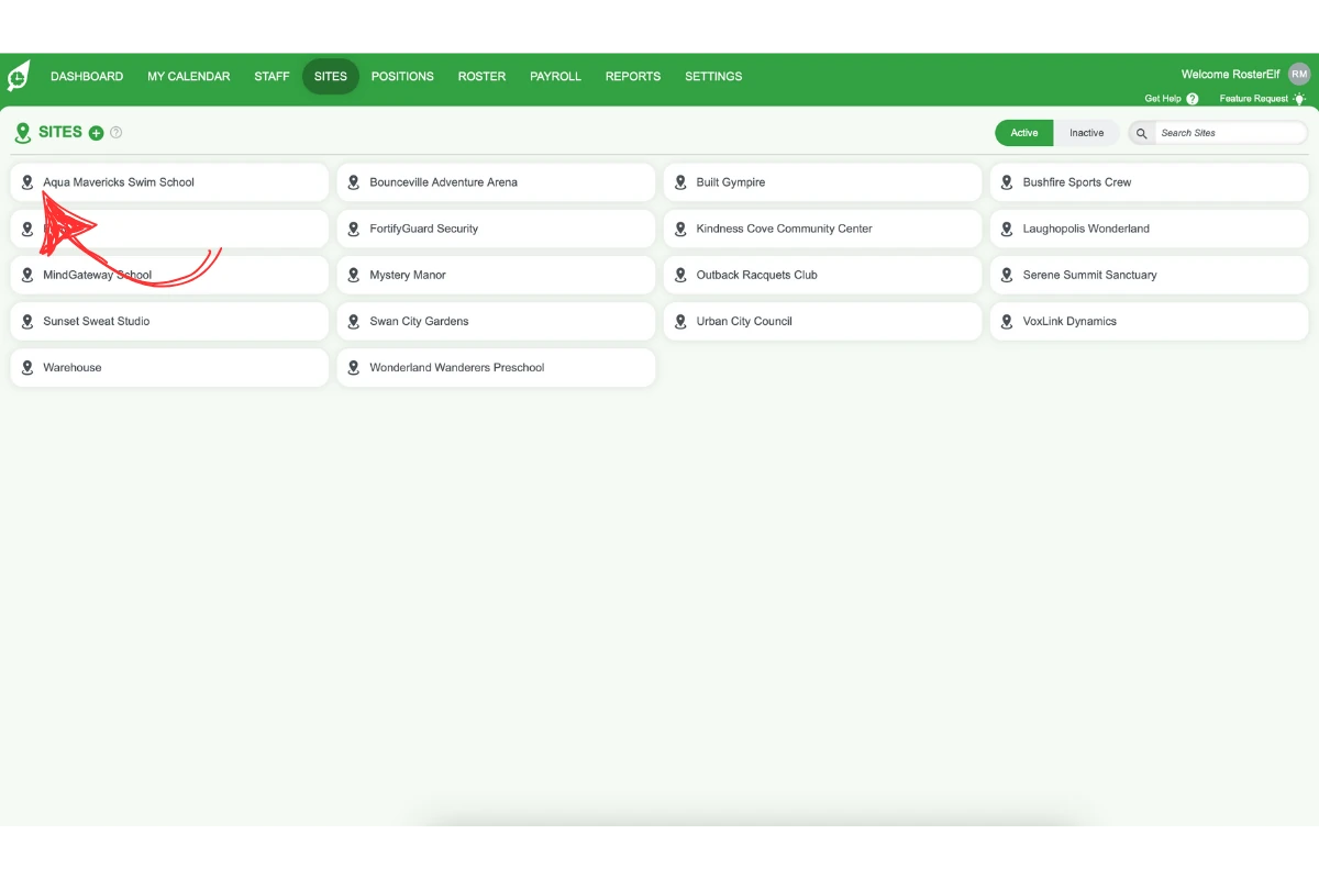Screenshot indicating selection of a particular site
