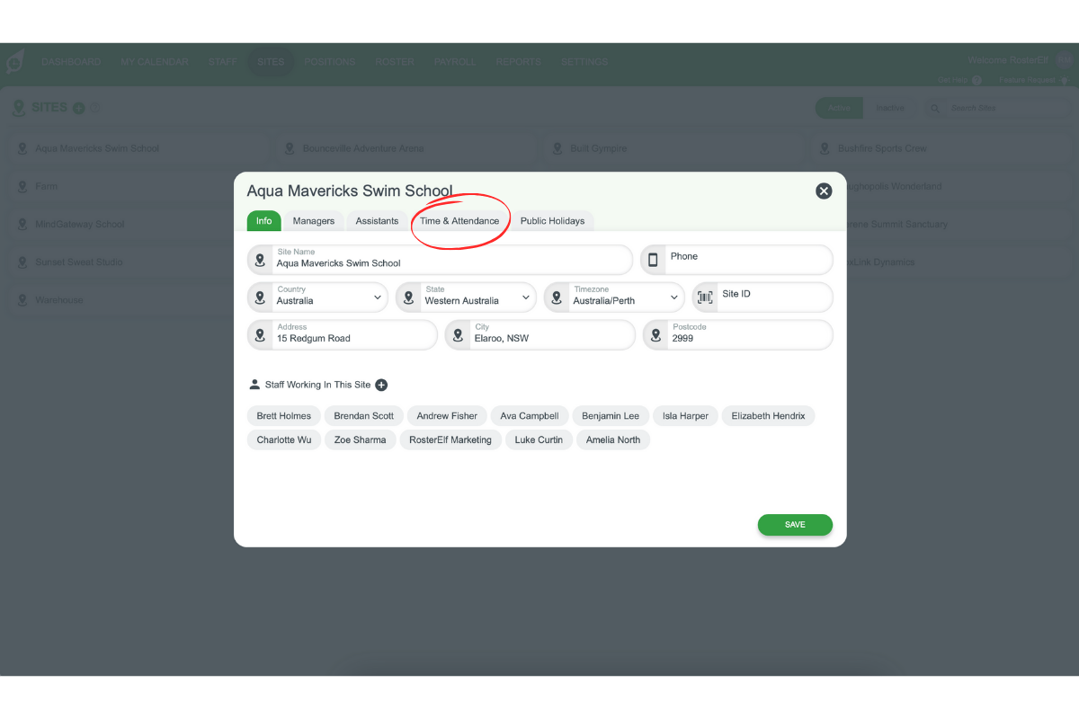 Screenshot highlighting the Time & Attendance tab for the selected site