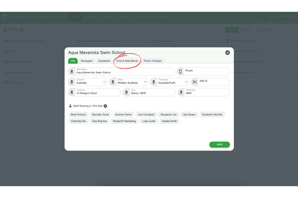 Screenshot highlighting the Time & Attendance tab for the selected site