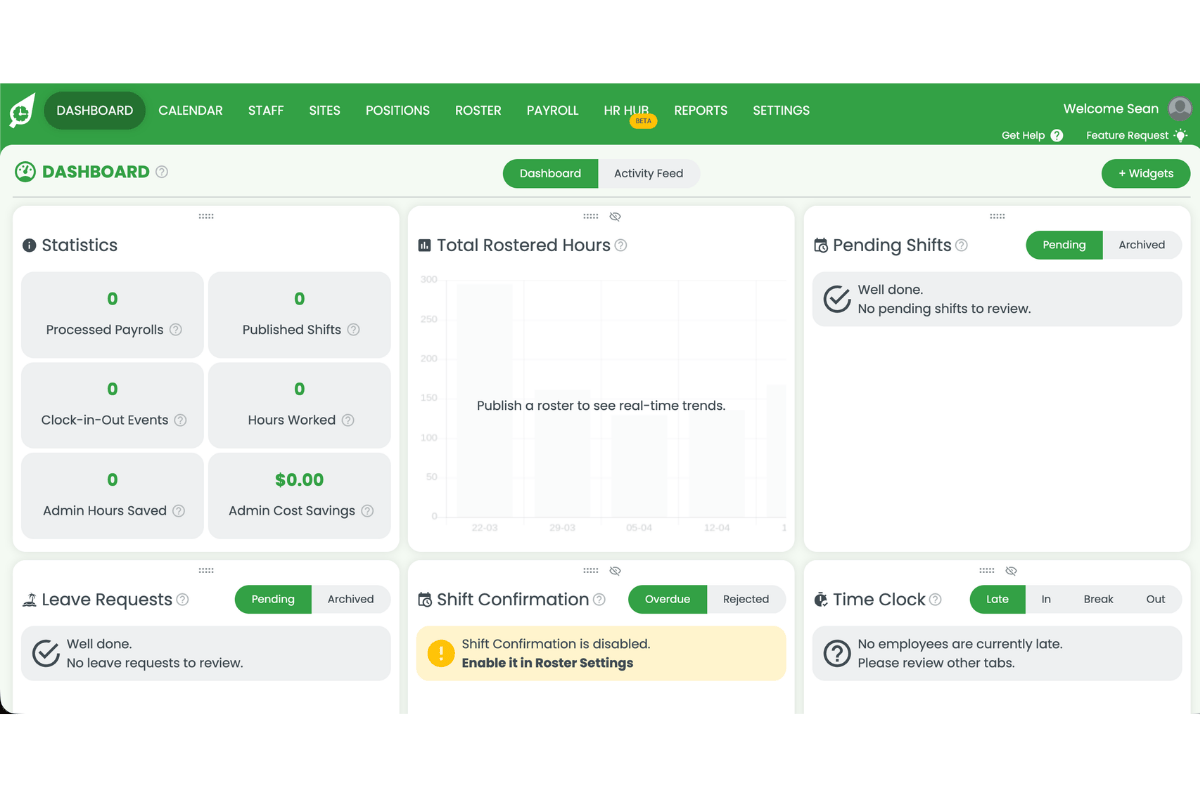 RosterElf dashboard showing the main interface with navigation menu at the top