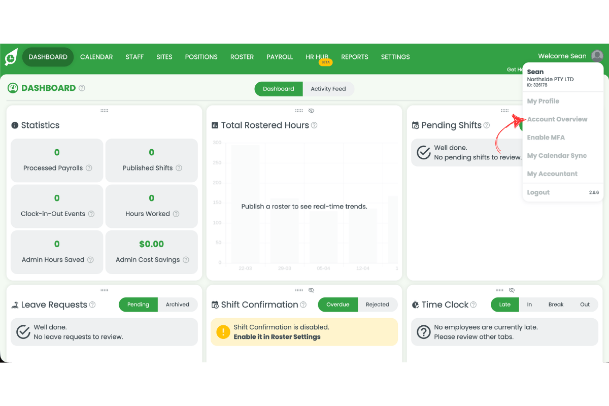 RosterElf dropdown menu open showing Account Overview option highlighted with an arrow