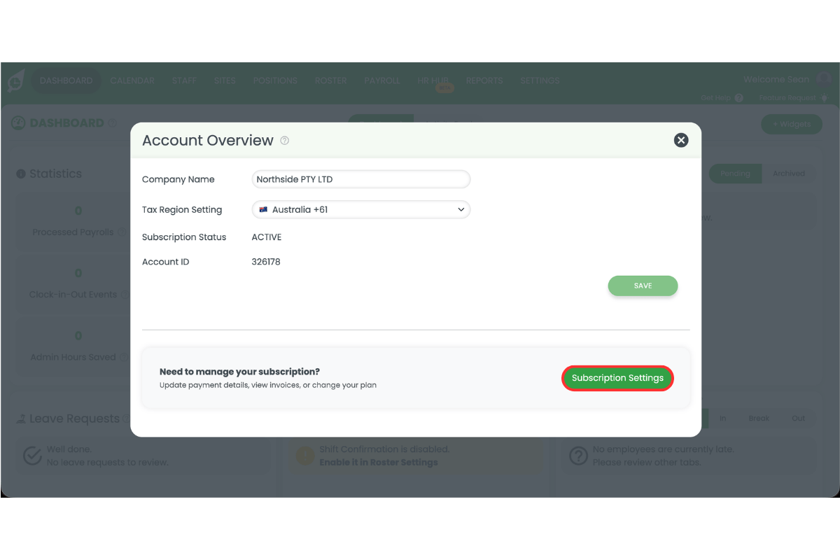 RosterElf Account Overview modal showing the Subscription Settings button circled in red