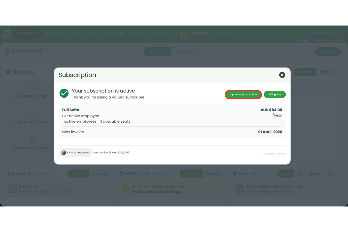 RosterElf Subscription modal showing an active annual plan with the Upgrade Subscription button circled in red