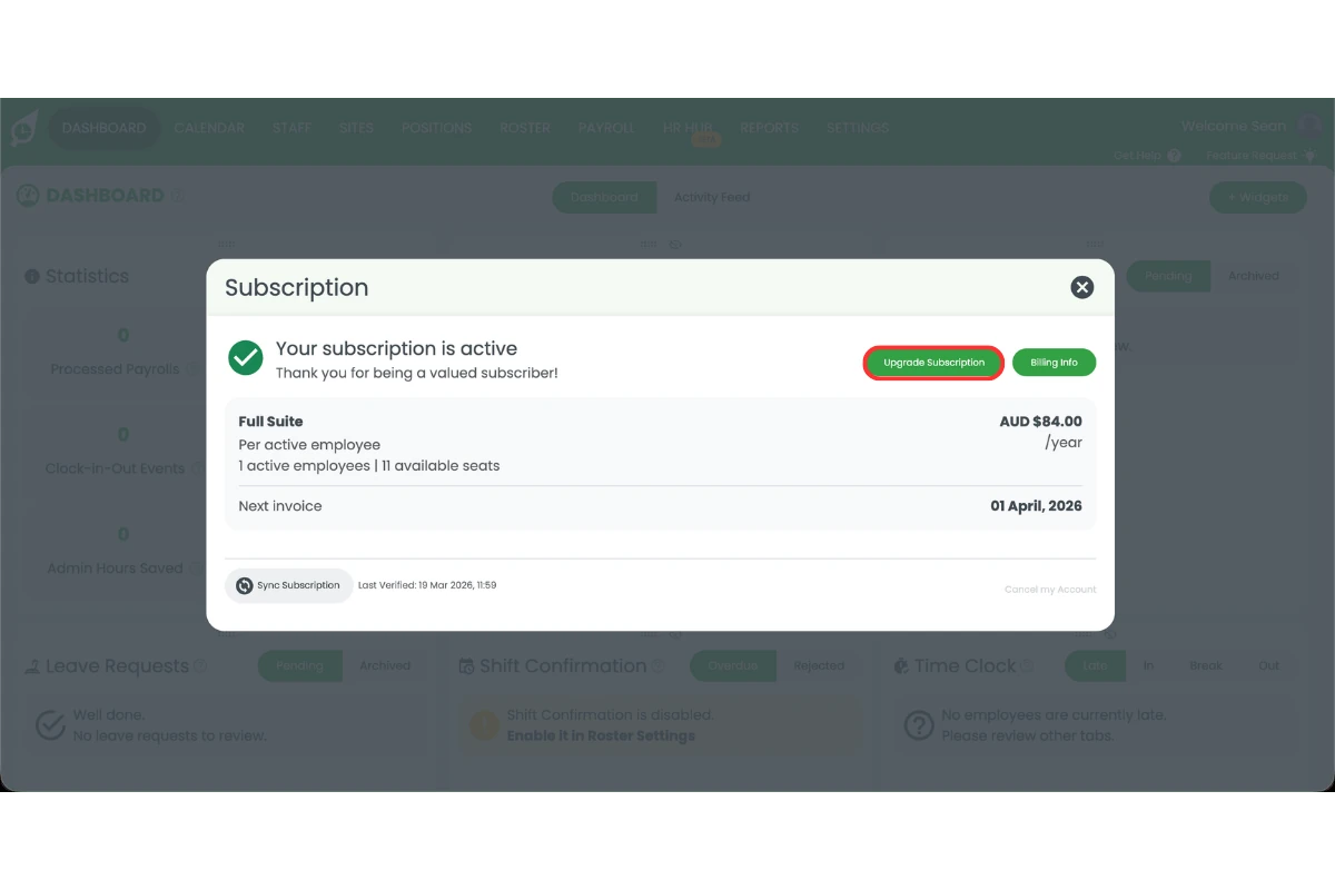 RosterElf Subscription modal showing an active annual plan with the Upgrade Subscription button circled in red