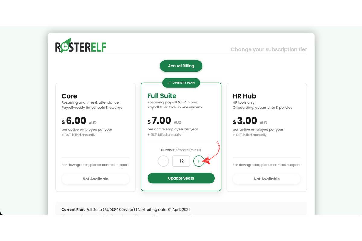RosterElf annual billing page showing Full Suite plan with seats adjuster set to 12 and arrow pointing to the plus button