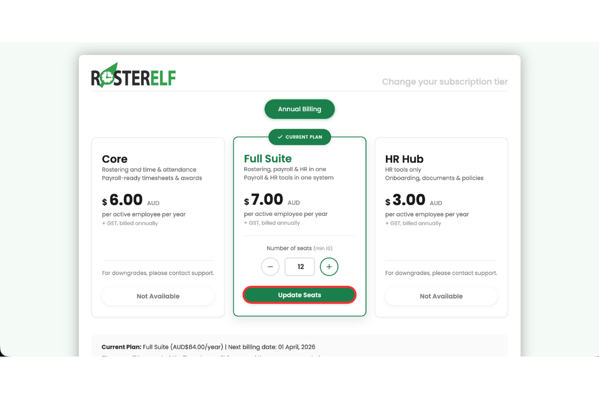 RosterElf annual billing page showing Full Suite plan with Update Seats button highlighted in green