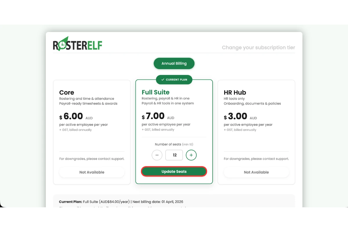RosterElf annual billing page showing Full Suite plan with Update Seats button highlighted in green