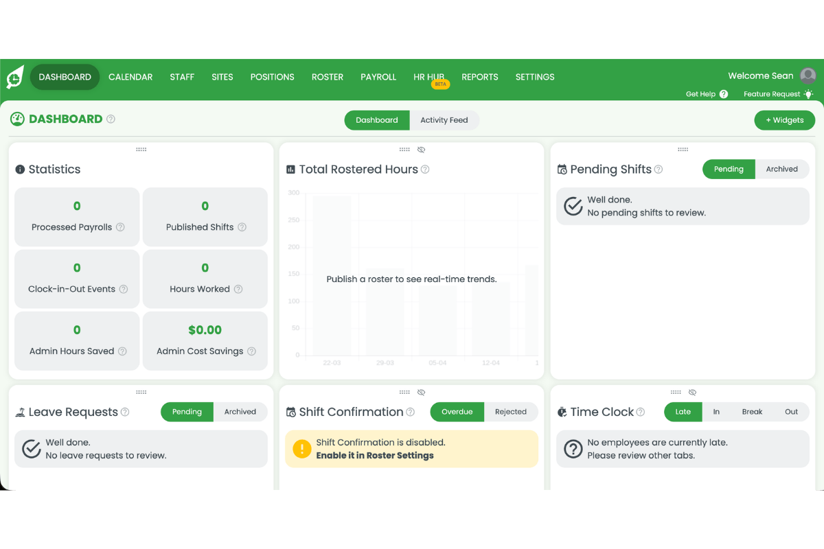 RosterElf dashboard showing the main interface with navigation menu at the top