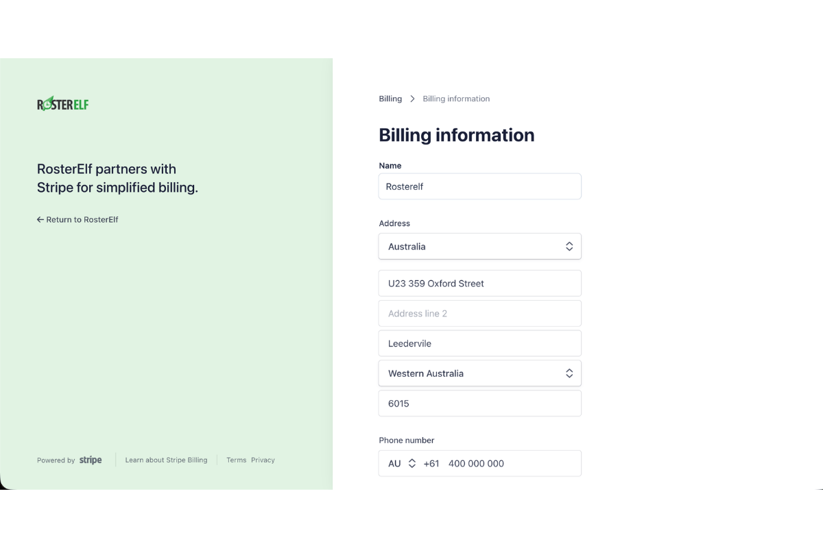 Stripe Billing information form showing name, address, state, postcode and phone number fields