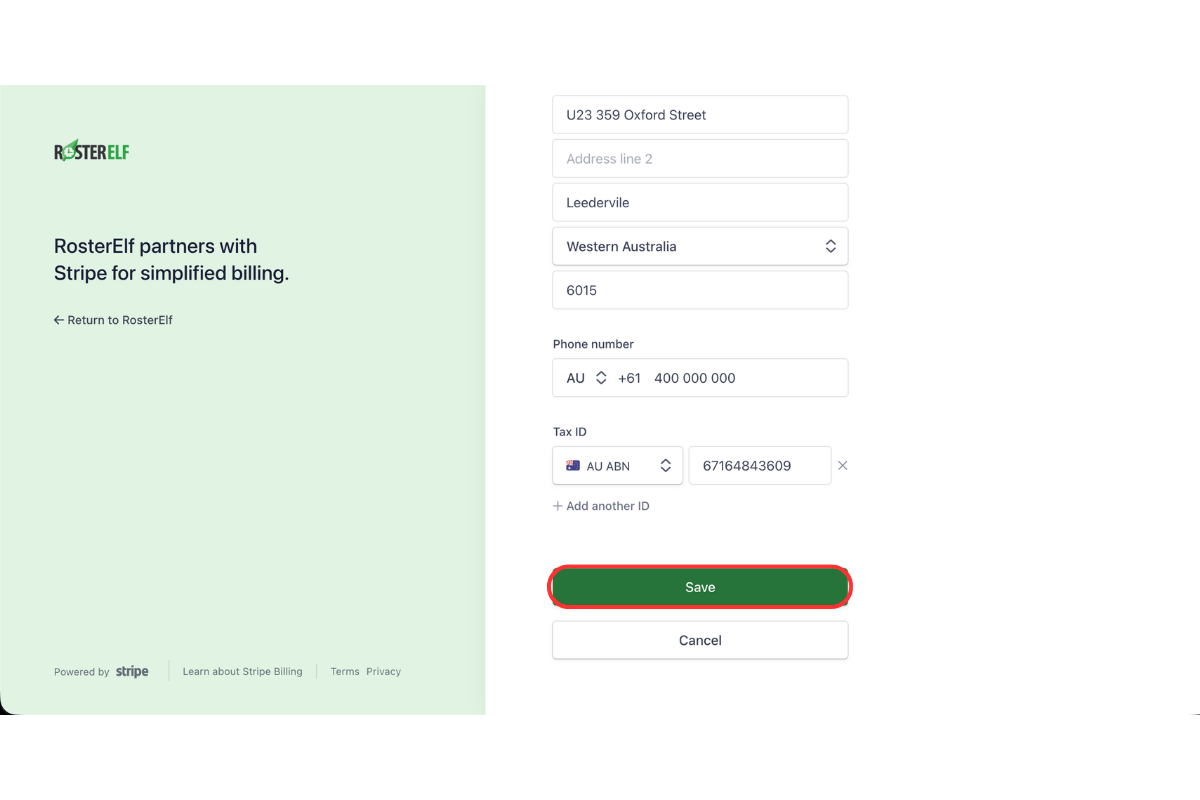 Stripe billing information form showing Tax ID field and Save button highlighted in green