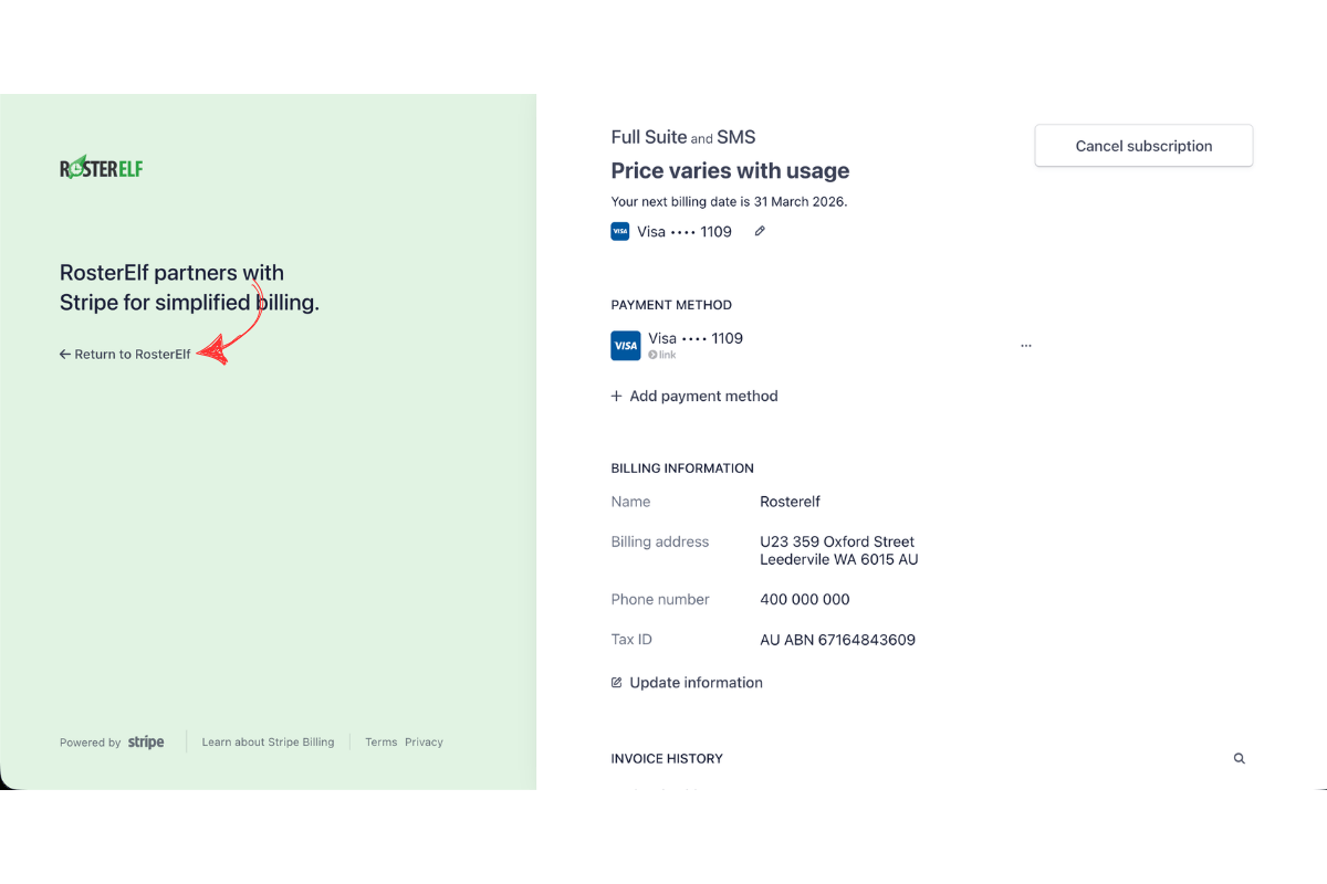 Stripe billing portal showing updated billing information with Return to RosterElf link highlighted