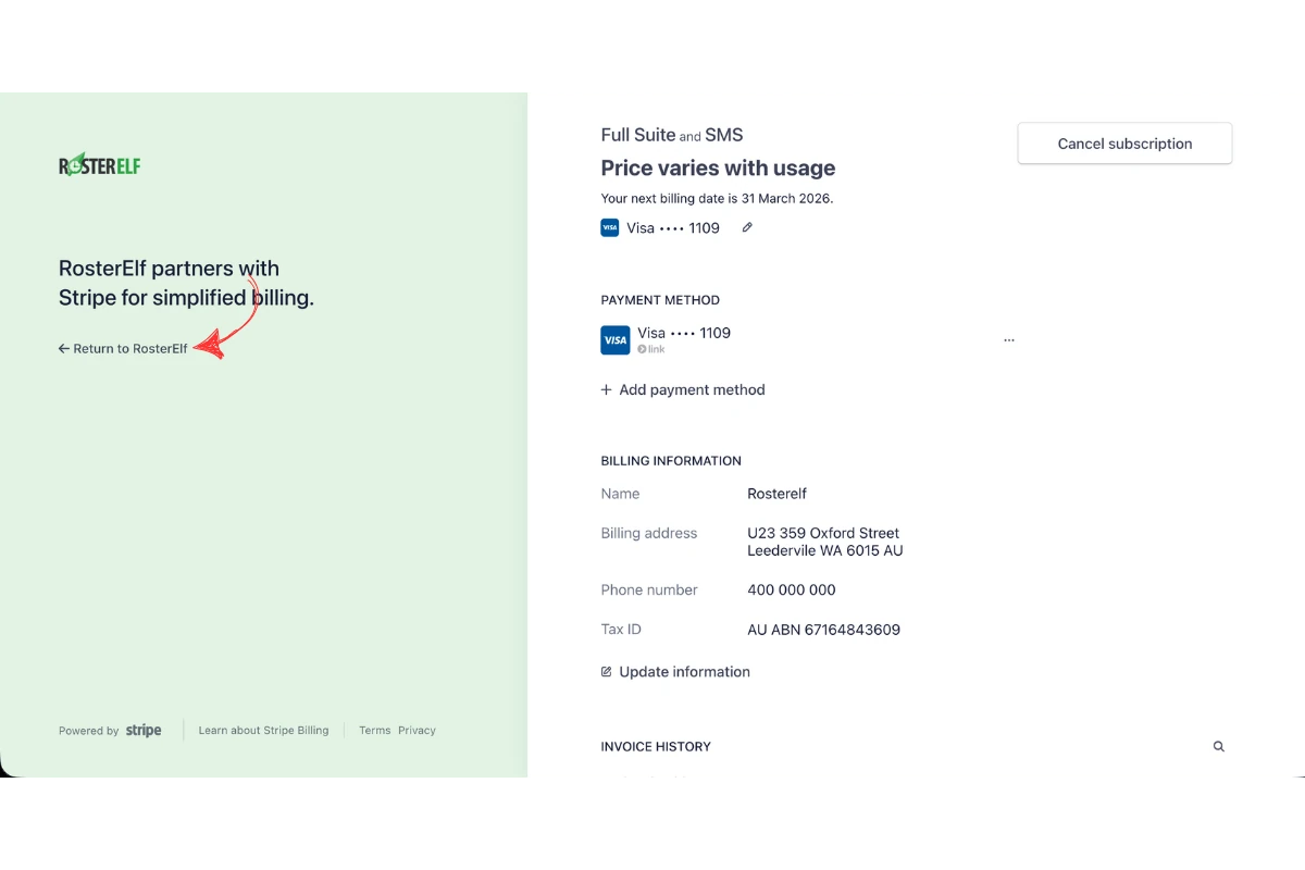 Stripe billing portal showing updated billing information with Return to RosterElf link highlighted