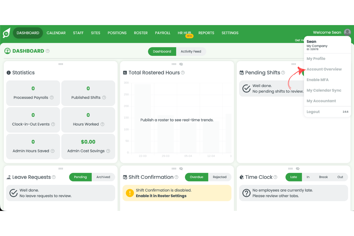 RosterElf dropdown menu open showing Account Overview option highlighted with an arrow