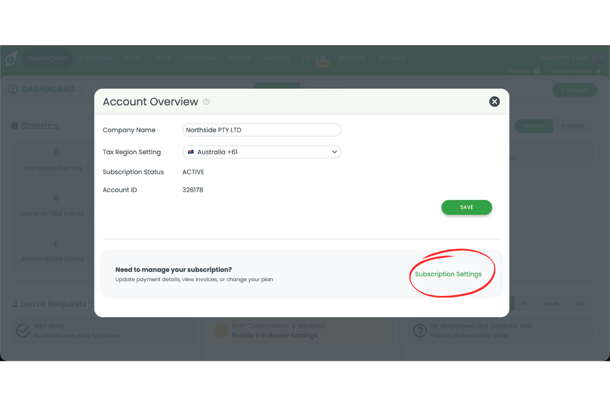 RosterElf Account Overview modal showing the Subscription Settings button circled in red