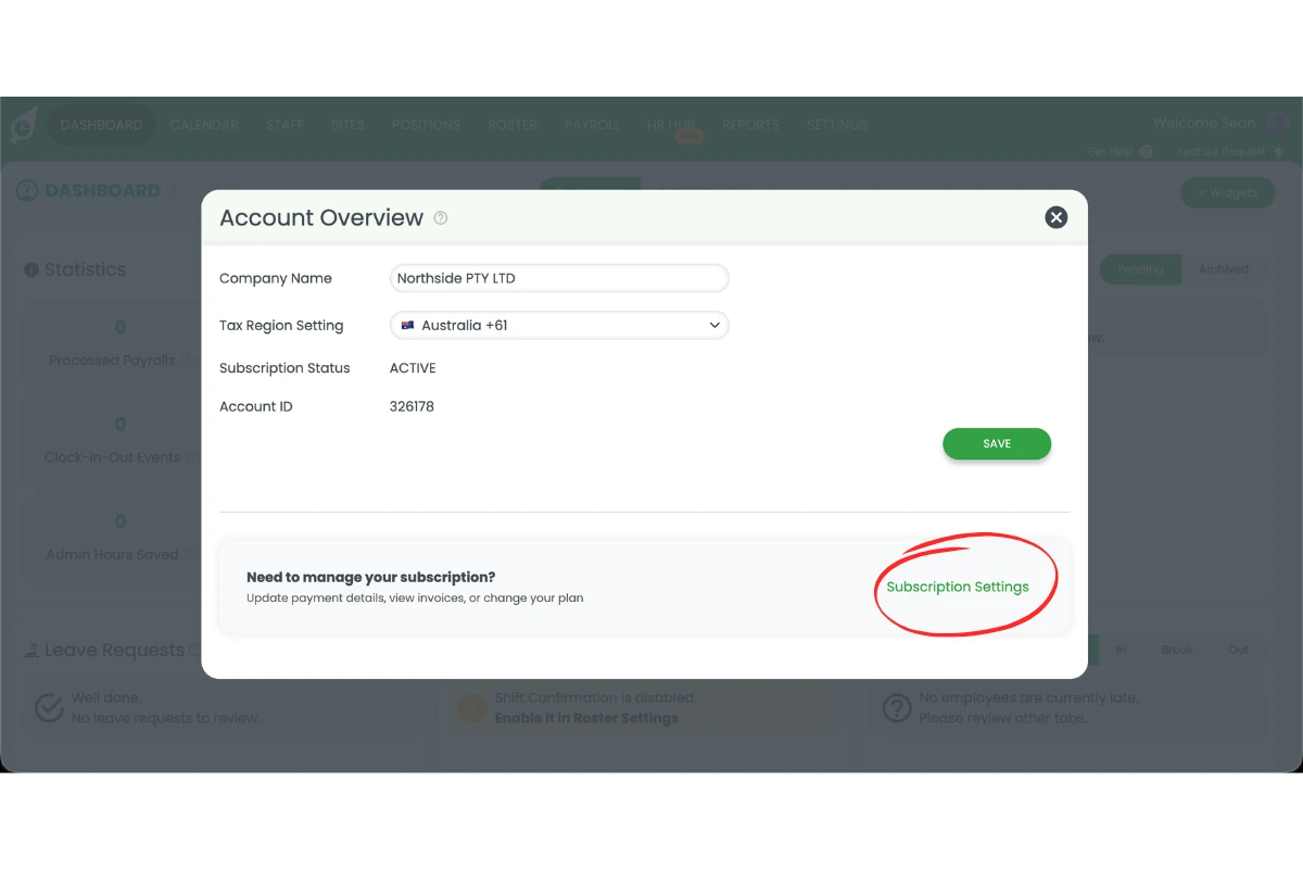 RosterElf Account Overview modal showing the Subscription Settings button circled in red