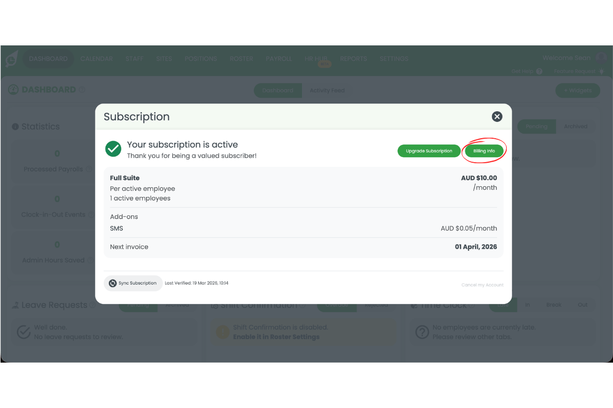 RosterElf Subscription modal showing the Billing Info button circled in red alongside Upgrade Subscription