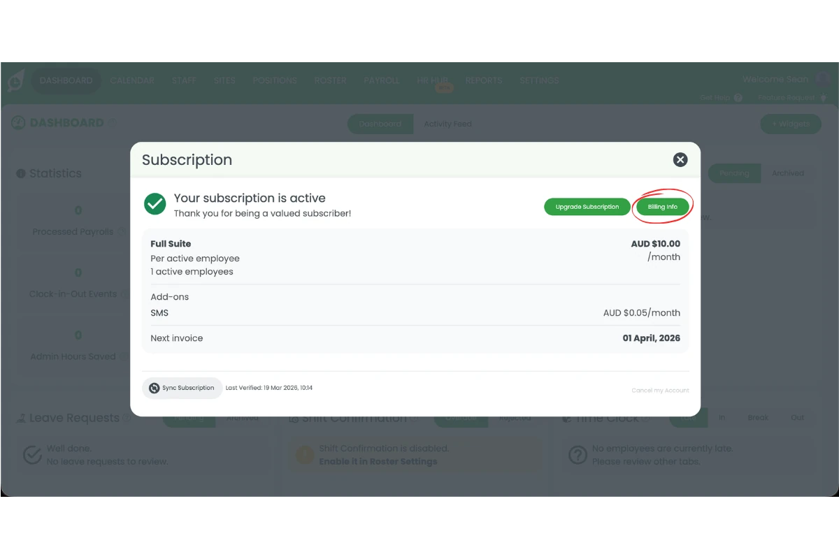 RosterElf Subscription modal showing the Billing Info button circled in red alongside Upgrade Subscription