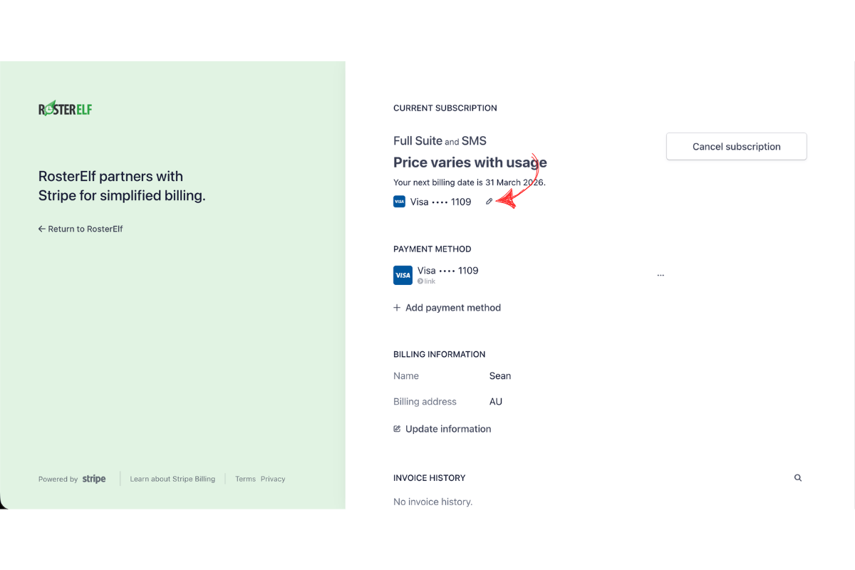 Stripe billing portal showing current subscription with Visa card details and pencil edit icon highlighted