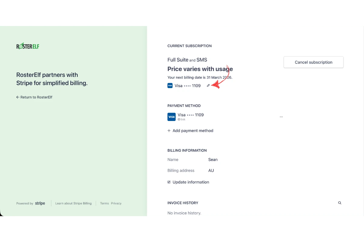 Stripe billing portal showing current subscription with Visa card details and pencil edit icon highlighted