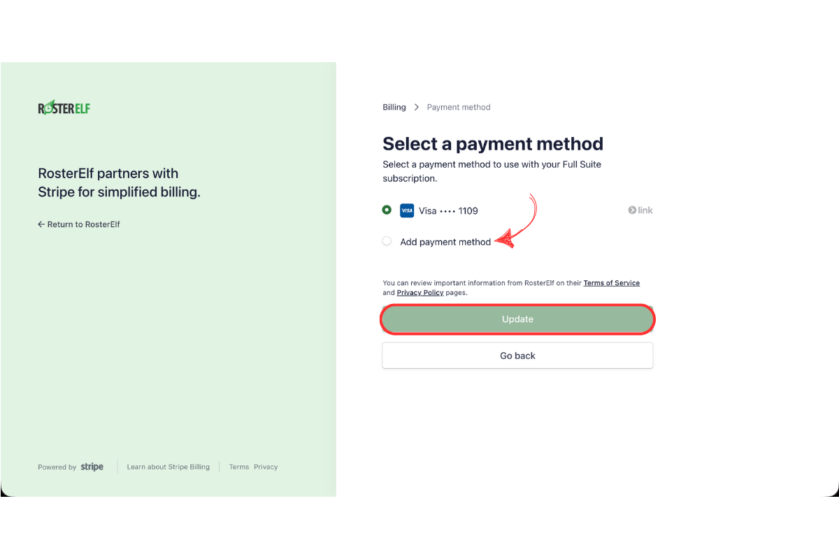 Stripe Select a payment method page showing existing Visa card and Add payment method option with Update button
