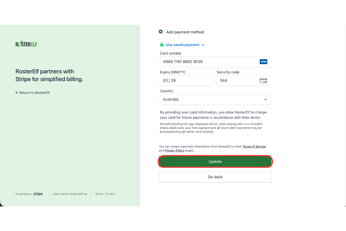Stripe Add payment method form showing card number, expiry, security code fields and Update button highlighted