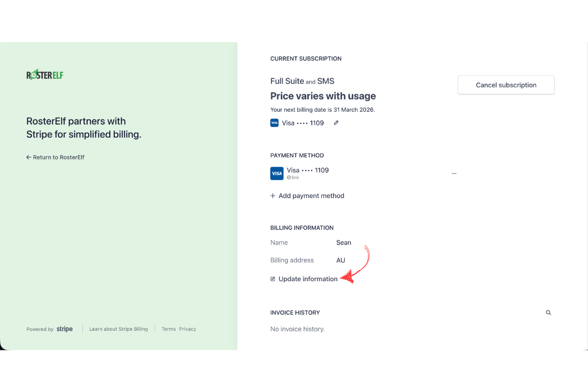 Stripe billing portal showing billing information section with Update information link highlighted