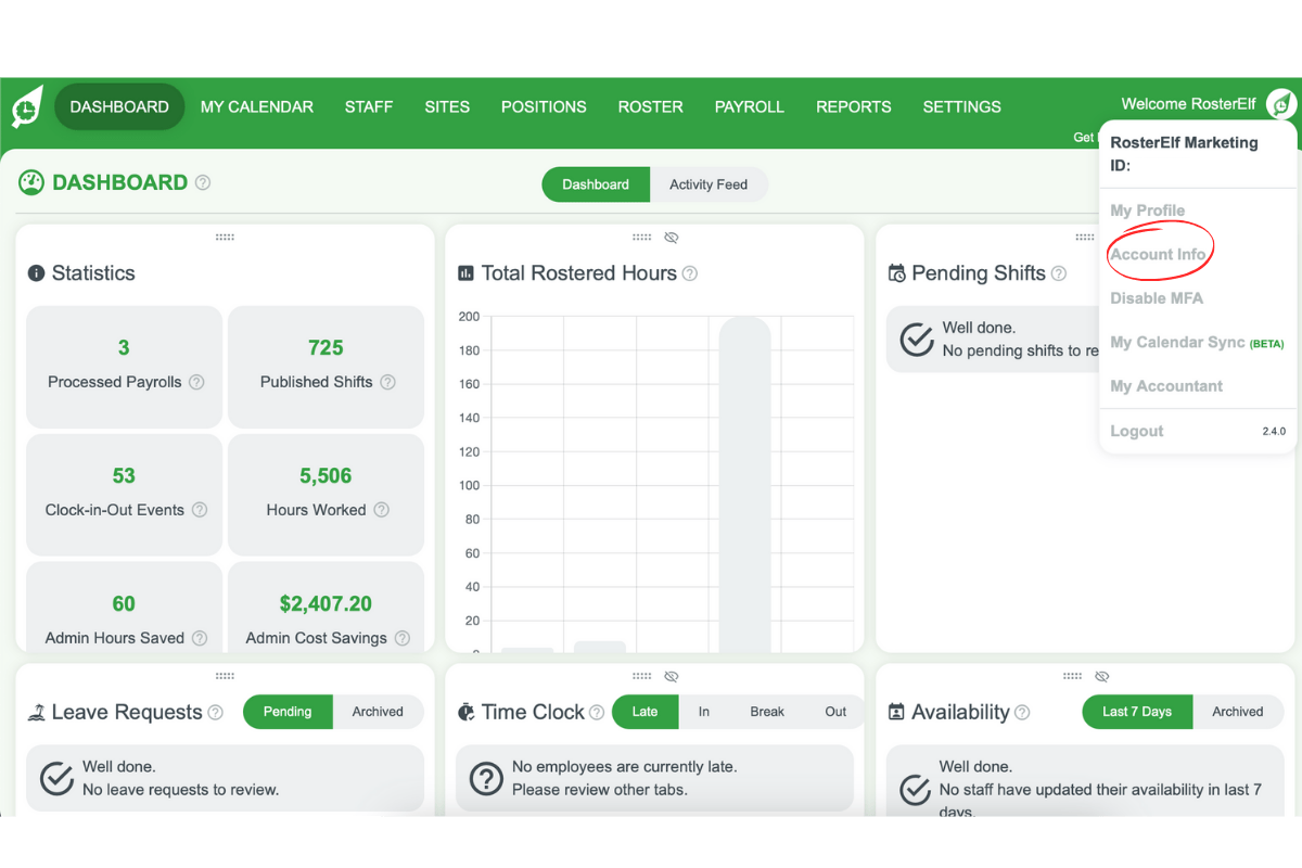 Selecting Account Info from RosterElf's user dropdown