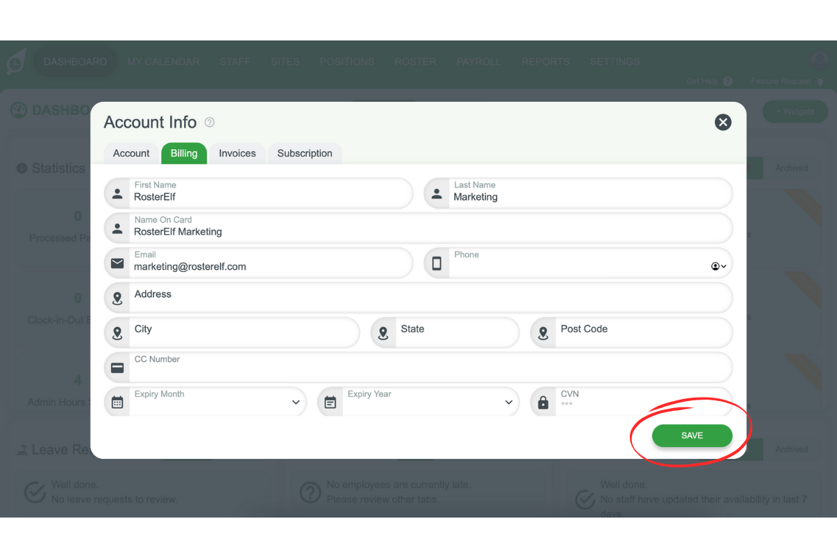 Credit card fields in RosterElf's billing section
