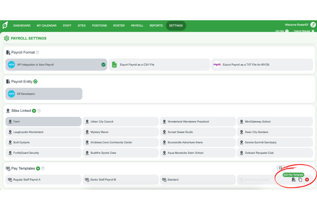 Screenshot of pay templates list in RosterElf