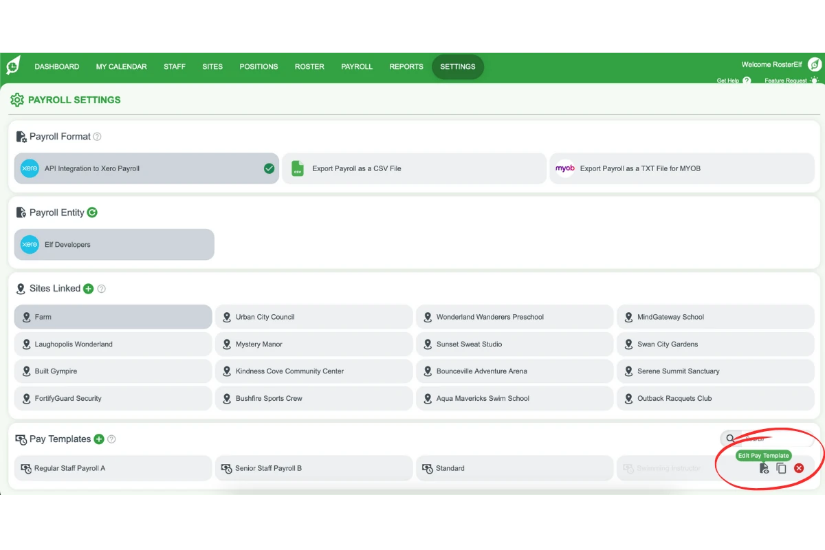 Screenshot of pay templates list in RosterElf