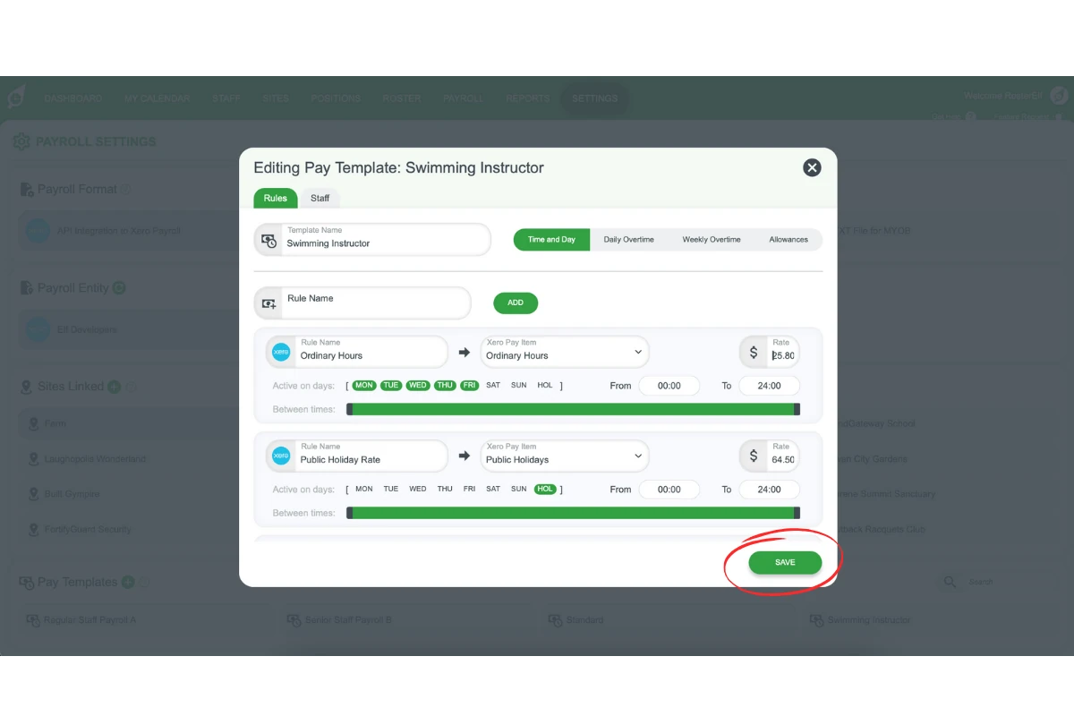 Screenshot of the save button for updated pay rates in RosterElf