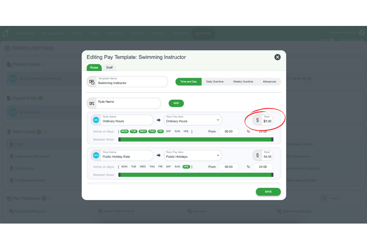 Screenshot demonstrating how to edit pay rates in RosterElf