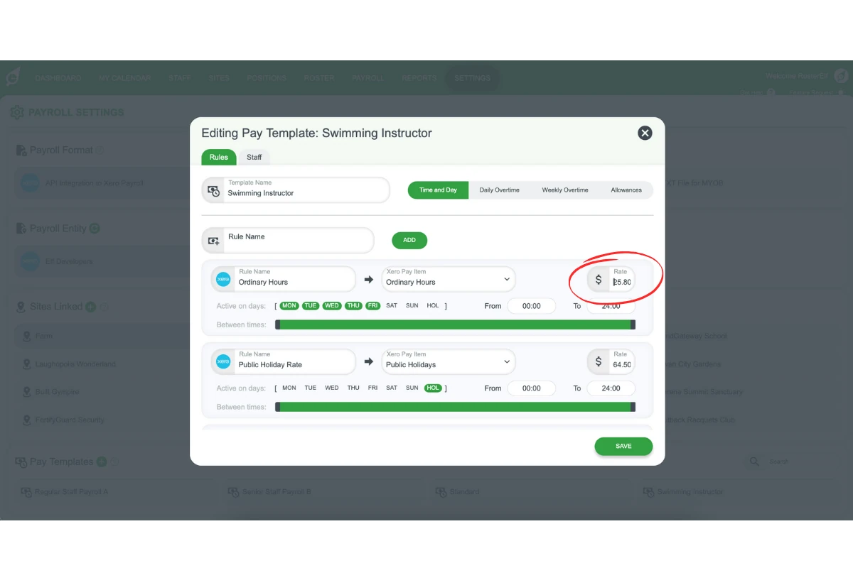 Screenshot demonstrating how to edit pay rates in RosterElf