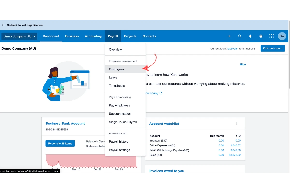 Xero payroll menu with the Employees option