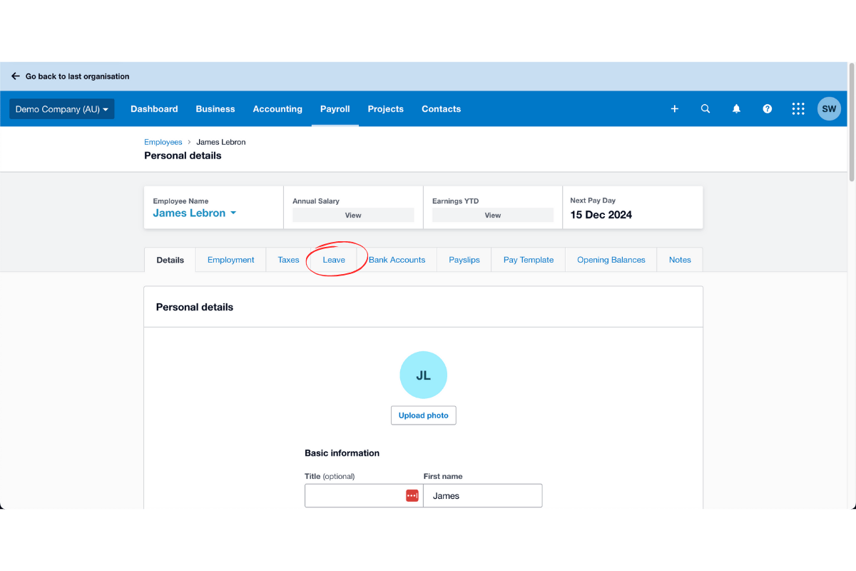 Screenshot showing the leave tab under the employee's profile in RosterElf